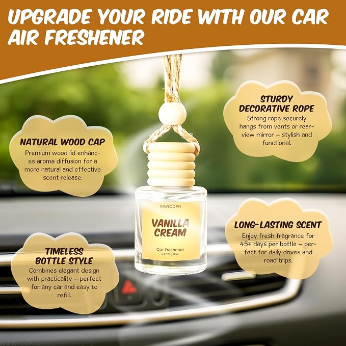 Premium Car Air Freshener Diffuser Set (2 Pack) - Vanilla Cream Fragrance Oil, 45+ Day Long-Lasting Hanging Auto Freshener