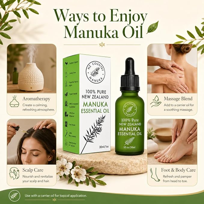 100% Pure New Zealand Manuka Oil | Organic Essential Oil | 35x Stronger Than Tea Tree | Natural Skin Care | Toenails | Diffuser | Aromatherapy | Nails | Hair | Skin | Lips