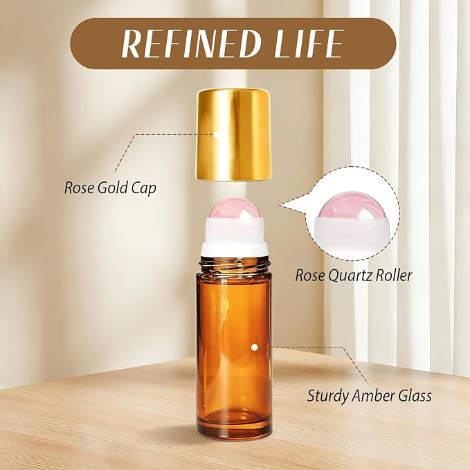 Cocurb 5pcs 1oz Rose Quartz Roller Bottles for Essential Oils Perfume Skincare DIY,Refillable Leak-Proof Amber Glass Roll on Bottle Empty Deodorant Containers with Gold Cap&Storage Bags