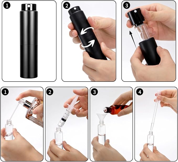 6 Pack 20ml Cologne Travel Bottle, Refillable Perfume Atomizer, Leakproof Travel Perfume Spray Bottle with Dispenser Tool, Empty Portable Fragrance Sprayer for Man, Woman, Black