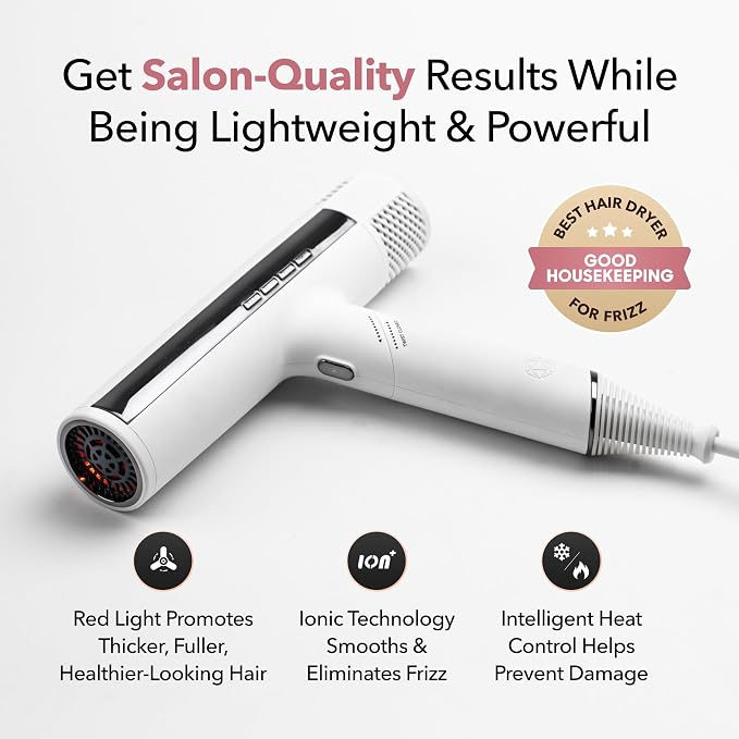 SRILabs DryQ ‘Smart’ Hair Dryer – White Edition – Super Lightweight, Foldable – Powerful, Quiet Motor – Infrared & Ionic Technology – 3 Magnetic Attachments – Heat Control with Locking Switch