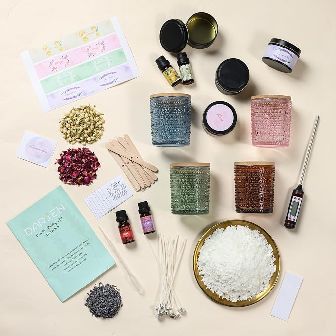 DARJEN Candle Making Kits for Adults - Candle Making Supplies with 4 Candle Jars(Blue, Pink, Amber, Green), Candle Tins, Soy Wax, Scents, Dried Flower & More, DIY Starter Candle Making Kit Home Decor
