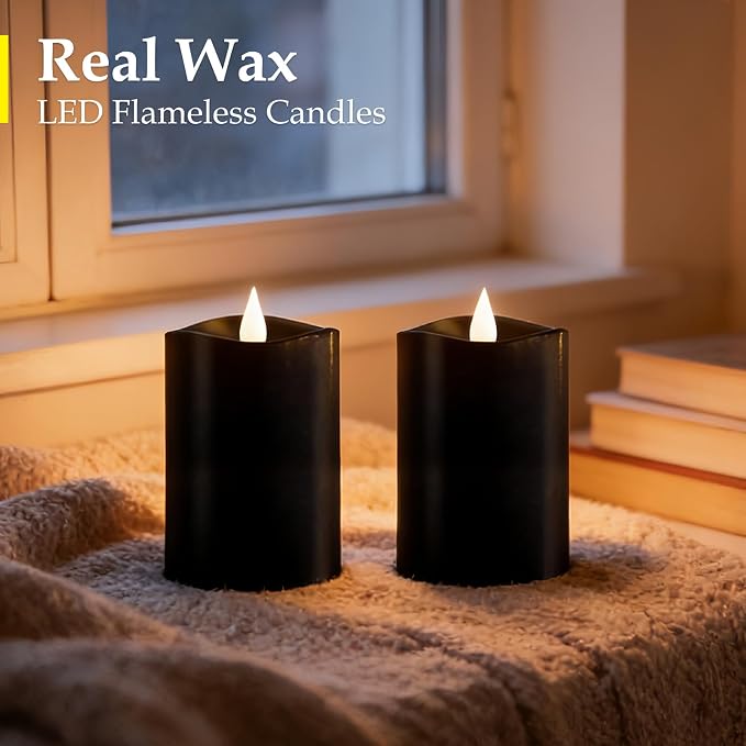 Black Flameless LED Candles - 3" x 4" Real Wax, Battery Operated with Remote Timer, 3D Flickering, Lasts 600+ Hours, Halloween & Christmas Deco (Black, 3"*4"-2pcs)
