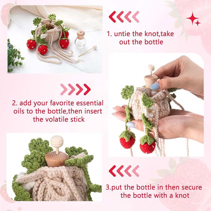 DaisyInner Cute Crochet Plant Car Freshener 12ml Empty Refillable Diffuser Bottle with Plants Hanging Accessories for Ornaments Charms Rearview Mirror Home Office Decor Women Gifts(Strawberry)
