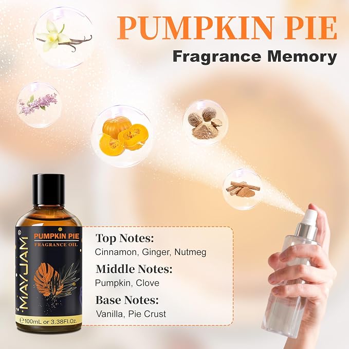 Pumpkin Pie Fragrance Oil Essential Oil, MAYJAM 3.38FL.OZ Pumpkin Pie Oil for Diffusers for Home, Long Lasting Scented Oils for Soap Candle Making - 100ML