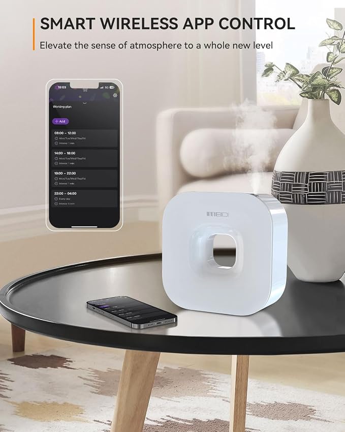MEIDI Waterless Essential Oil Diffuser - Bluetooth Cordless Aromatherapy Diffuser with App Control, Smart Timer Setting, Hang-up Design and Wide Coverage for Home, Office, Hotel and SPA (White)