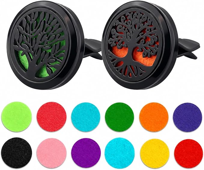 2PCS 30mm Car Aromatherapy Essential Oil Diffuser Stainless Steel Locket with Vent Clip 30 Felt Pads Tree of Life Pattern (Black)