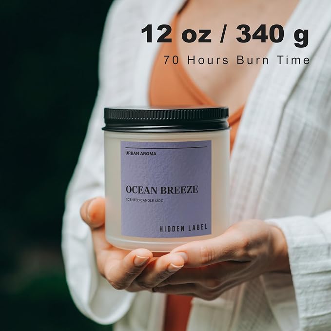 Hidden Label Ocean Breeze Soy Candle, 12oz 2-Wick, Coastal Fresh | Non-Toxic Natural Wax, Paraben & Phthalate-Free, Clean Burn | Elegant Decor & Gift-Ready | Stress Relief & Mental Clarity