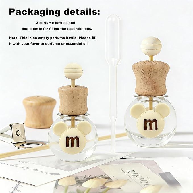 2 Pack Bear Car Vent Clip Diffuser Refillable Glass Bottle | Wood cap glass bottle with dropper, DIY essential oil freshener for car wardrobe bathroom home