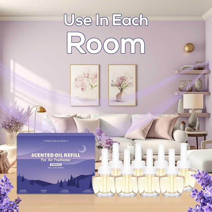 Plug-In Air Freshener Refills 8-Pack – Summer Scent for Sleep, Infused Lavender Essential Oil with Gardenia, Sage, Chamomile, Sandalwood, Compatible with Air Wick & Glade