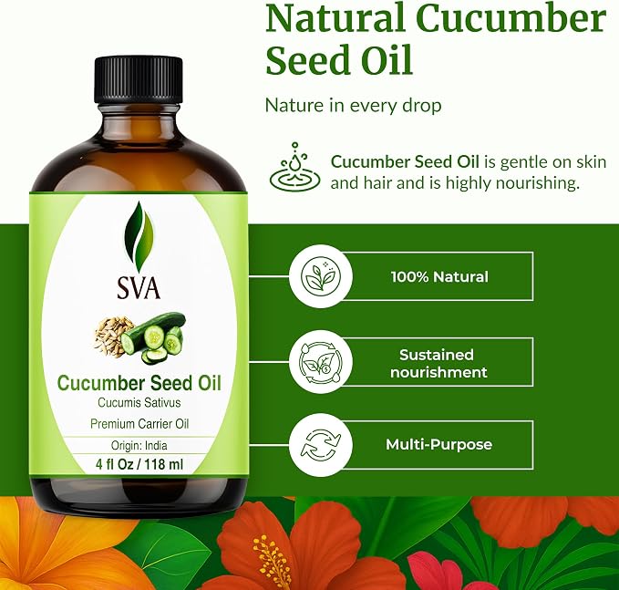 SVA Cucumber Seed Oil - 4 Fl Oz – 100% Natural Cold Pressed Cucumber Oil - for Face, Skin Care, Hair Care, Scalp Massage & Body Massage – Carrier Oil with Dropper