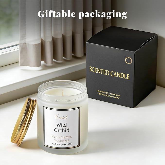 Wild Orchid Strong Scented Soy Candle for Home, Non Toxic Natural Aromatheraphy Candles, 50H Long Burning Smokeless Jar Candel, Home Fragance Gift for Stress Relief, Relax, Holiday (9oz)