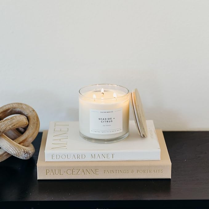 Calyan Wax Co. Seaside & Citrus 3 Wick Scented Candle - 43 Hour Burn - Luxury 3 Wick Soy Candles - Clean Soy Wax Candles - Long Lasting Large Glass Jar Candle for Home - 14.9oz