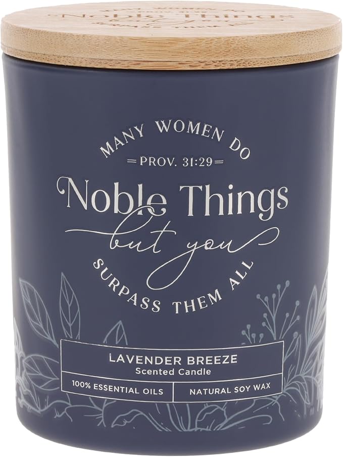 Christian Art Gifts Soy Wax Scented Candle: Lavender Breeze, Proverbs 31:29 Bible Verse, Pure Essential Oils, 4.5 oz, Up to 20 Hours Burn Time, Glass Jar w/Bamboo Lid, Encouragement Gift for Women