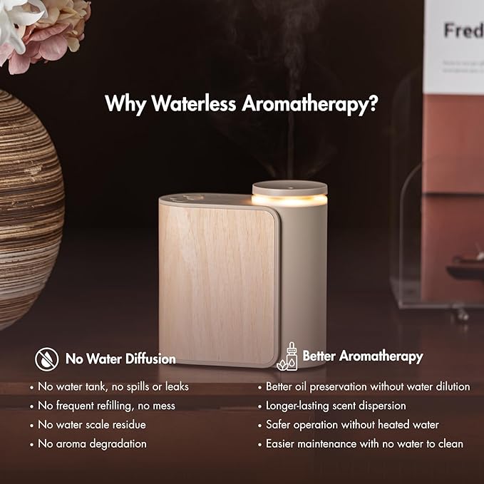 ZMARKRAFT® Waterless Essential Oil Diffuser w Solid Wood Cover 3 Timers 2 Mist Modes, Auto-Off Quiet Dual Fluid Aroma Diffuser, Portable Waterless Scent Diffuser w Lights, Room Decor Aromatherapy Gift