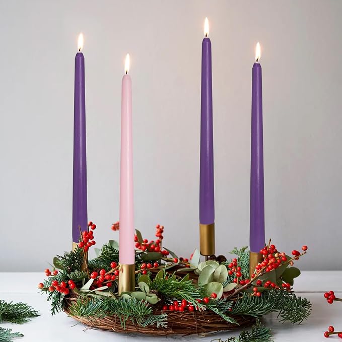 4 Pack MANNYCOM Advent Candles - 10 inch Unscented Smokeless Elegant Long Candle Sticks - 3 Purple 1 Pink Nativity Scene Candlesticks