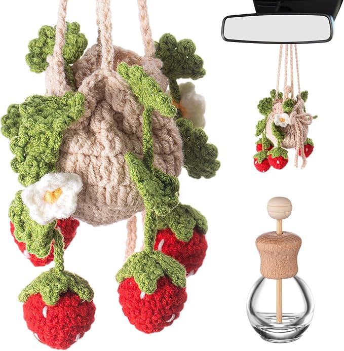 DaisyInner Cute Crochet Plant Car Freshener 12ml Empty Refillable Diffuser Bottle with Plants Hanging Accessories for Ornaments Charms Rearview Mirror Home Office Decor Women Gifts(Strawberry)