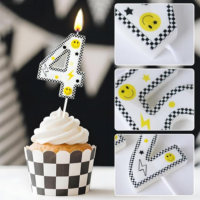 Number 4 Birthday Candle for Cake – 2.7 Inch Large Size Black White Checkered Smiley Design with Lightning & Star – four Happy Dude Theme Cake Topper Decoration