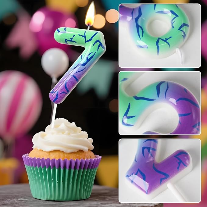 Number 7 Birthday Candle for Cake – Purple Green Gradient Number Candle with Mystic Rune Pattern, Decorative Cake Topper for Anniversary & Celebration