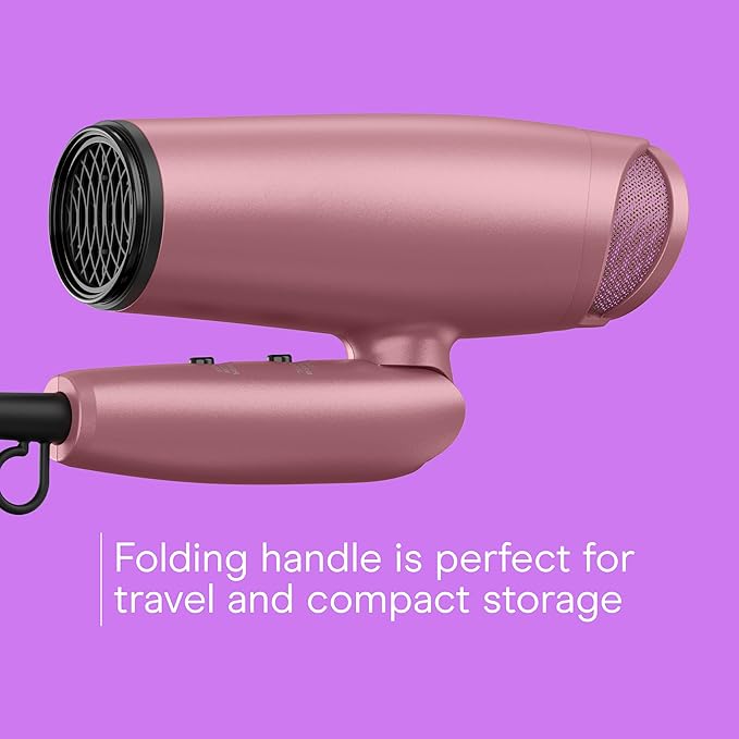 Conair Hair Dryer with Diffuser and Folding Handle, 1875W Travel Blow Dryer with Concentrator, Radiance Boost with Nano-Quartz Ceramic for Less Frizz, More Shine, and Silky Hair, Dusty Rose