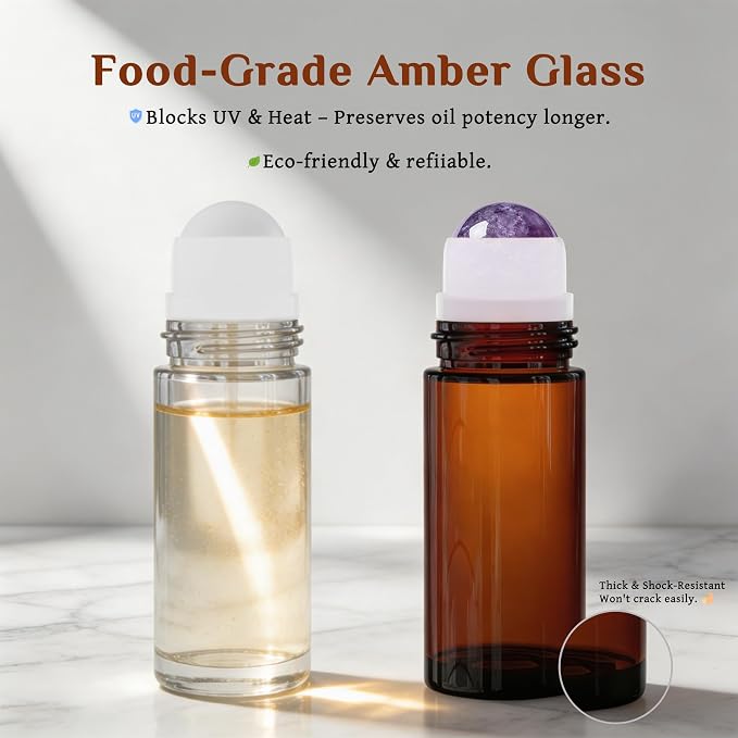 PrettyCare Rose Quartz Roller Bottles for Essential Oils, 50ml Roll On Bottles with Natural Crystal Roller Ball Applicator, Refillable Amber Glass Perfume Bottle (1 Pack, Purple Roller)