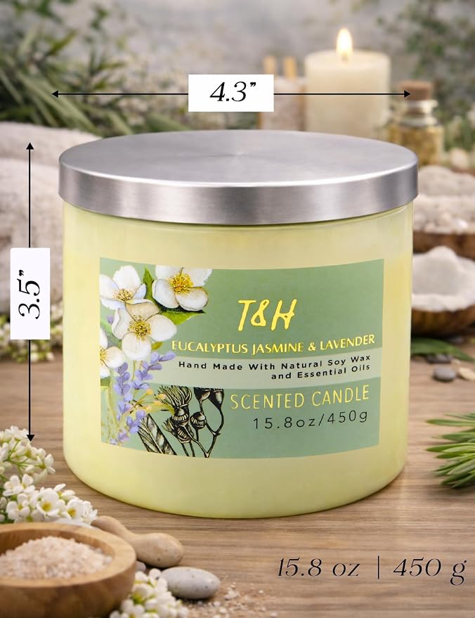 Eucalyptus Jasmine Lavender Scented Candle | 3-Wick Large Soy Candle for Home, 15.8 oz | Eucalyptus & Lavender Aromatherapy Candle | Self Care Gifts for Women, Candles for Men