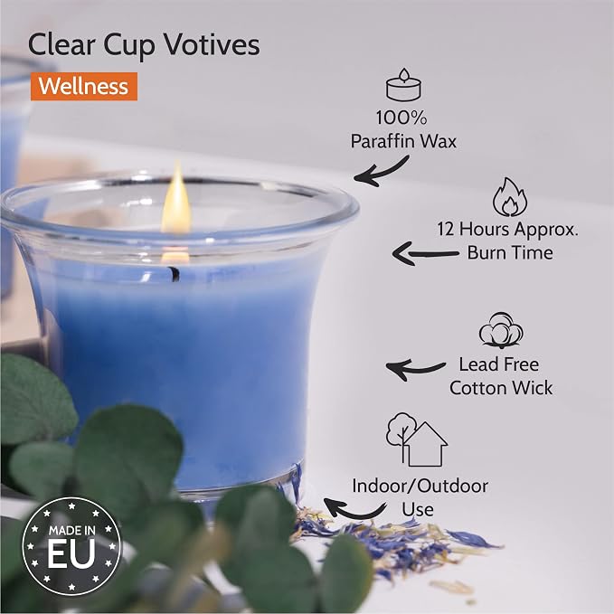 HYOOLA Clear Cup Scented Votive Candles - Wellness - 12 Hour Burn Time - 4 Pack - European Made