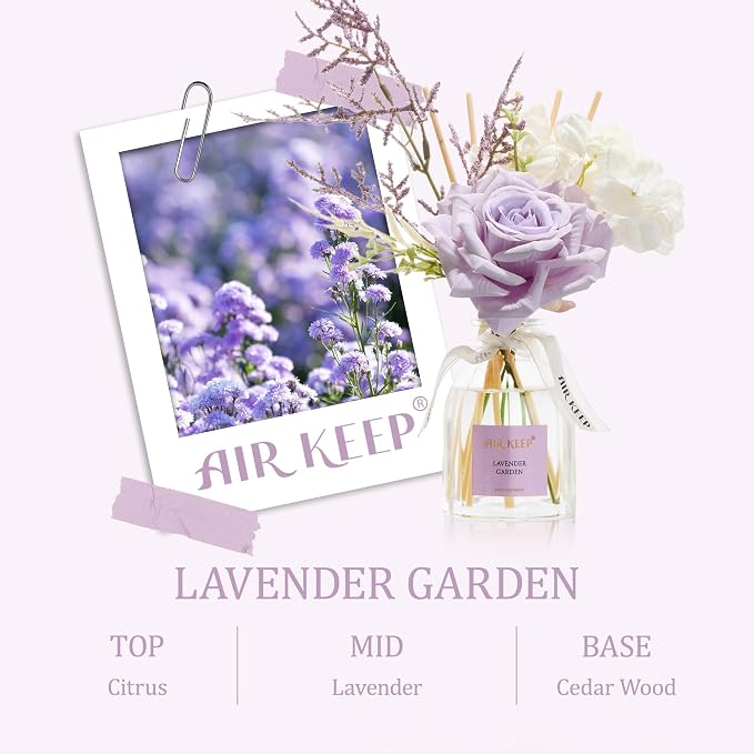 Airkeep Flower Reed Diffuser Set, Lavender Garden Diffuser Gift Set,4.06 fl oz Essential Oil Sticks Diffusers for Bathroom Air Freshener, Aromatherapy Home Fragrance for Shelf Decor, Gift for Women