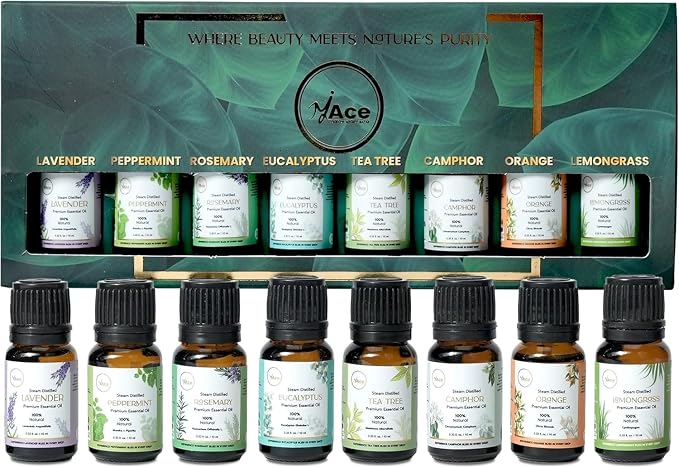 My Ace Essential Oils Aromatherapy Set of 8x0.33 Oz for Diffuser, Massage, Skin, Hair, Candle & Soap Making, Home - Peppermint, Lavender, Eucalyptus, Tea Tree, Rosemary, Camphor, Lemongrass, Orange