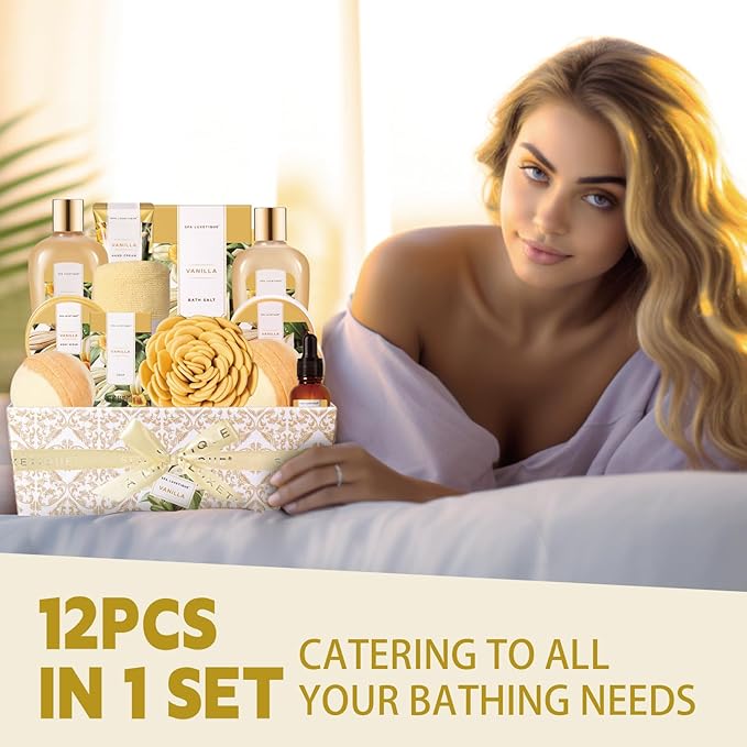 Spa Gift Baskets for Women, Luxetique Spa Kit for Women, 12pcs Vanilla Bath and Body Sets, Birthday Gifts, Self Care Gifts for Mom, Wife, Girlfriends