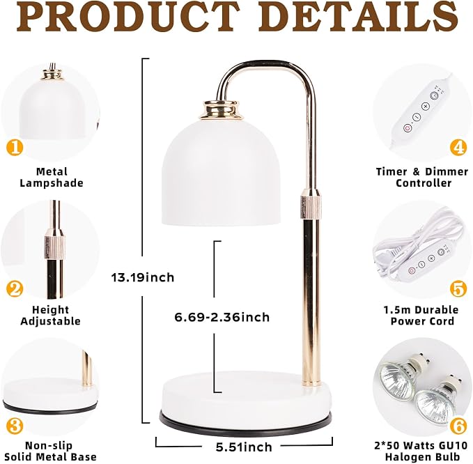 Candle Warmer Lamp with Timer Dimmable,Mothers Day Birthday Gifts for Women Mom, Modern Candle Warmer, White Candle Lamp for Jar Scented Candles, Home Decor, Wax Melt Warmer with 2 Bulbs