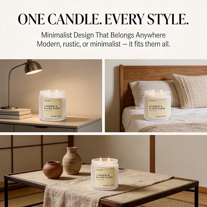 Hidden Label Cashmere Blonde Woods Soy Candle, 12oz 2-Wick, 70H Cozy | Non-Toxic Natural Wax, Paraben & Phthalate-Free, Clean Burn | Gender-Neutral Gift & Elegant Decor | Stress Relief & Grounding