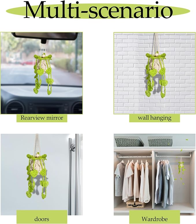 Crochet Car Air Freshener Hanging, Cute Hanging Plant for Cars, Crochet Plant with 10ml Empty Refillable Oil Diffuser Bottle, Handmade Boho Car Ornaments Charms for Rear View Mirror, Green