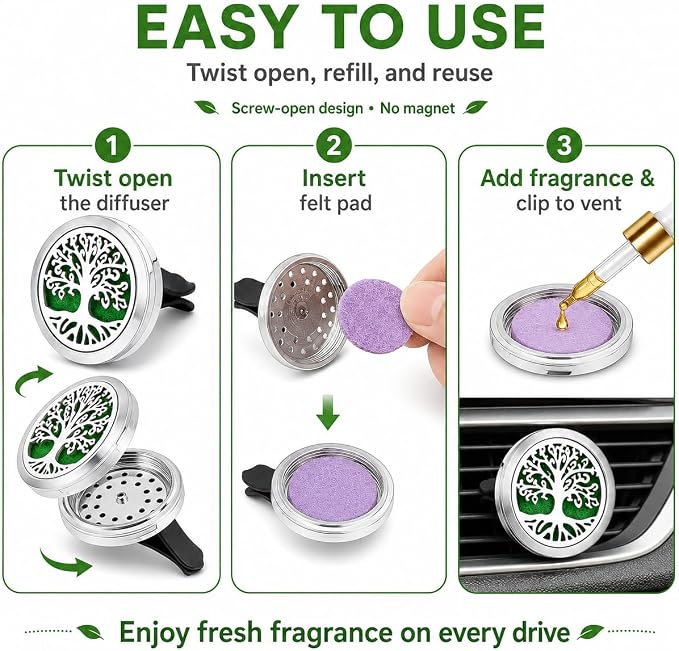 2PCS 30mm Car Aromatherapy Essential Oil Diffuser Stainless Steel Locket with Vent Clip 30 Felt Pads Tree of Life Pattern (Silverly)