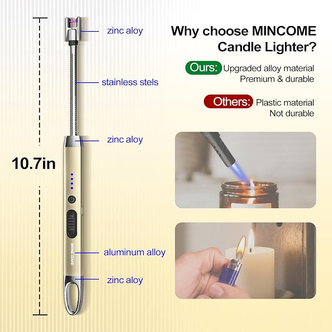Candle Lighter, Windproof Flameless Electric lighters, Long Lighter with 360° Neck & Safety Switch, USB-C Rechageable LED Power Display Arc Lighters for BBQ Candle Birthday