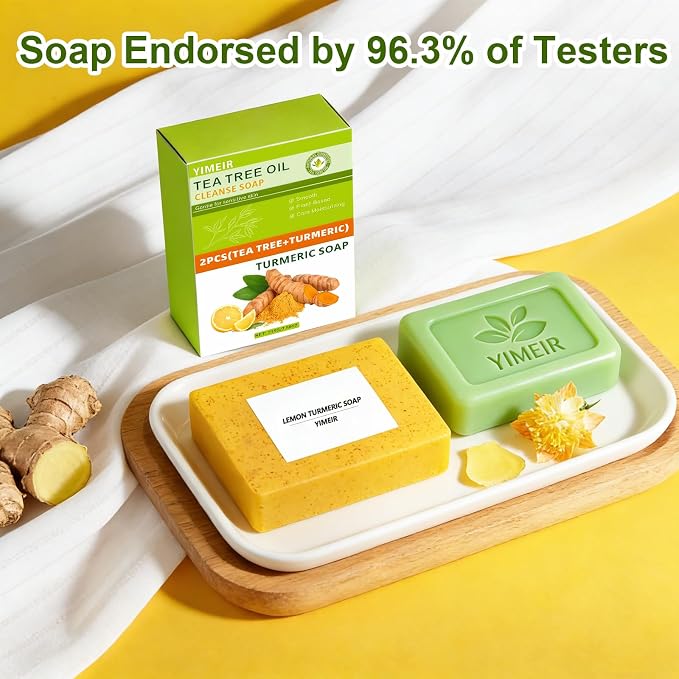 Turmeric Facial Soap & Tea Tree Soap Bars Duo - Natural Brightening & Acne Treatment Gift Set, for Face & Body, Oily, Dull & Sensitive Skin, Day and Night Soap Combo, Outdoor & Home Use