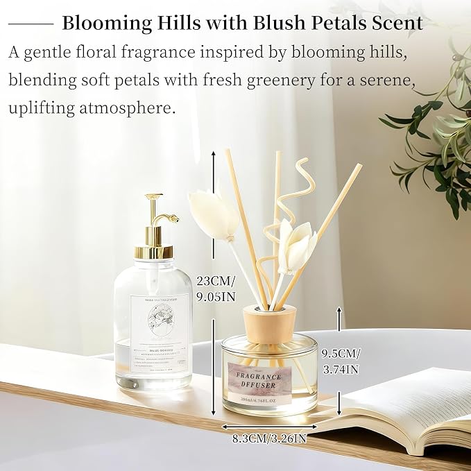 6.7 fl oz Reed Diffuser Set, Blooming Hills with Blush Petals Scent, Essential Oil Diffuser with Reed Sticks, Air Freshener for Home Fragrance, Bathroom Decor, Bedroom, Office Shelf Décor
