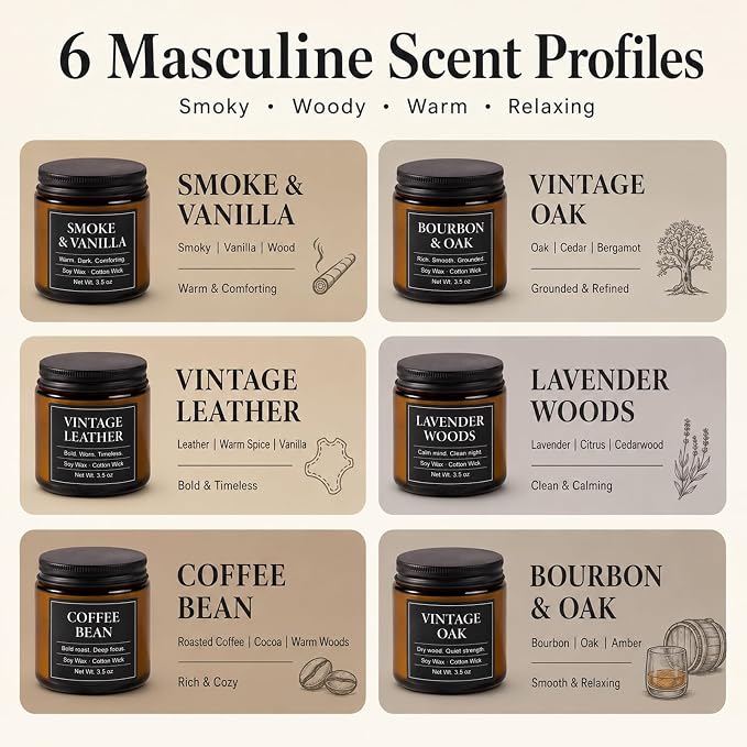 Candles for Men Gift Set, 6 x 3.5 oz / 100 g Scented Soy Candles for Home, Masculine Aromatherapy Candles Gifts Sets for Birthday Father's Day Anniversary Christmas Men