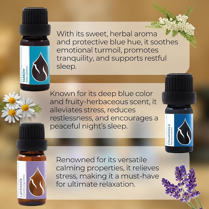 Set Relax Organic Essential Oils | Lavender (0.34 Fl Oz) + Chamomile (0.17 Fl Oz) + Yarrow (0.17 Fl Oz) | 100% Pure and Natural | Undiluted | Therapeutic Grade | Family-Owned Farm | Non-GMO | 3 pcs