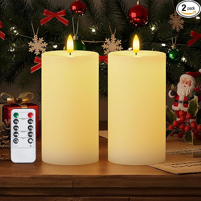 Homemory White 3x6 Inch Flameless Candles Battery Operated with Remote Timer, Real Wax LED Pillar Candle for Home Fireplace Bedroom Living Room Party, Set of 2