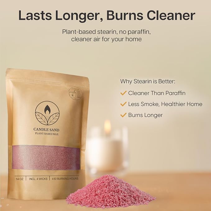 comforder Scented Candle Sand with Wicks, Pearled Candle, Wax Granules, 14oz Sand Wax Granules + 4 Wicks (Pink, Rose)