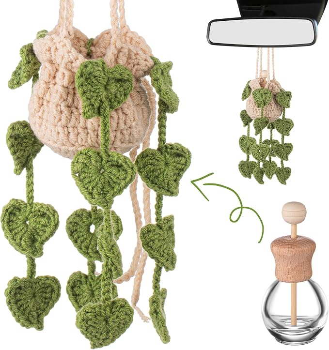 DaisyInner Cute Crochet Plant Car Freshener 12ml Empty Refillable Diffuser Bottle with Plants Hanging Accessories for Ornaments Charms Rearview Mirror Home Office Decor Women Gifts(Leave)