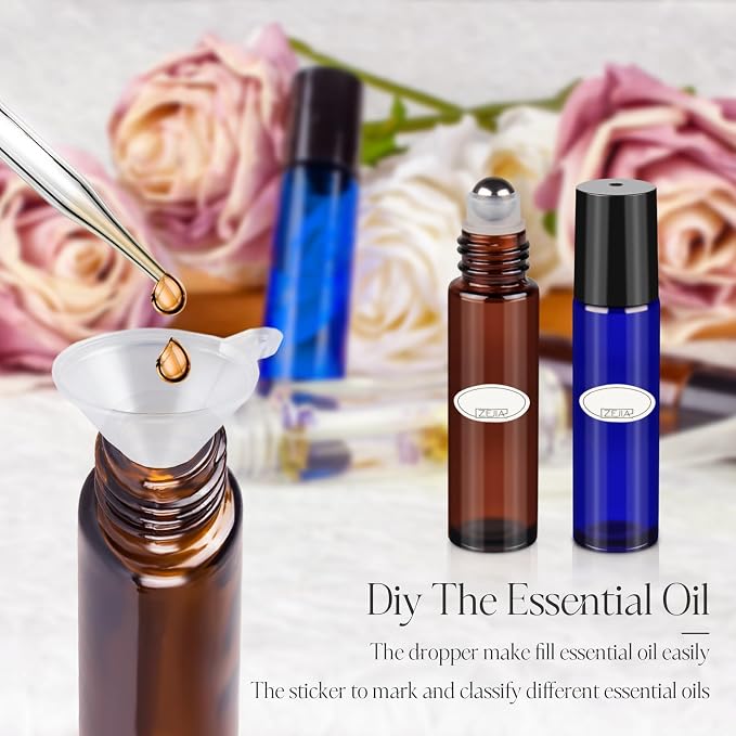 10ml Roller Bottles for Essential Oils, 4 Pack Glass Roll on Bottles, Refillable Perfume Bottle, with Stainless Steel Roller Balls, 2 Droppers, 1 Opener, Labels (Amber+Blue)
