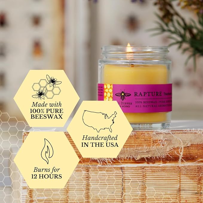 Big Dipper Wax Works Beeswax Aromatherapy Candle – Rapture, Patchouli & Cassia Essential Oils, 3.2 oz Apothecary Glass, 20-Hour Clean Burn, 100% Pure Beeswax & Cotton Wick