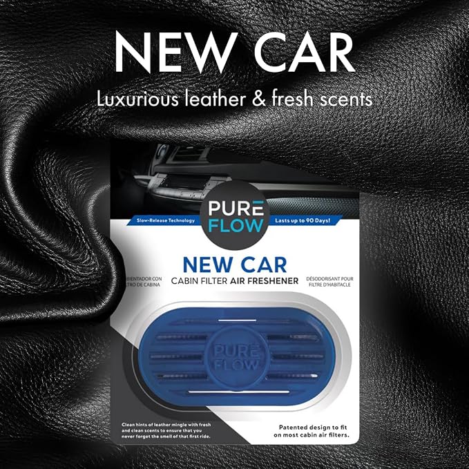 PUREFLOW Cabin Filter Air Freshener with Odor Eliminator – Fits on Most Car, Truck, and SUV Cabin Air Filters - New Car (2-Pack)