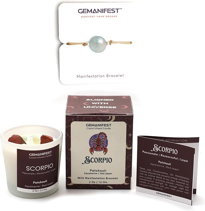 Scorpio Zodiac Candle Scorpio Birthday Gifts for Men Women Patchouli Crystal Candle with Healing Crystals and Manifestation Bracelet Soy Candles for Home Scented