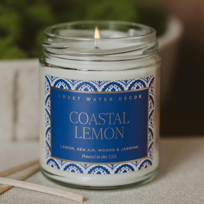 Sweet Water Decor Coastal Lemon Non Toxic Candle – Soy Candle with Lemon, Sea Salt, Woods, Jasmine Aroma – 40 Hour Burn – 9oz Clear Glass Jar – Fresh Mediterranean Home Fragrance