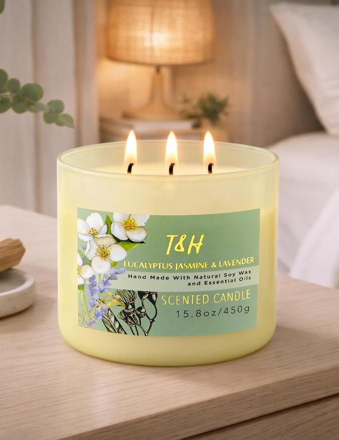 Eucalyptus Jasmine Lavender Scented Candle | 3-Wick Large Soy Candle for Home, 15.8 oz | Eucalyptus & Lavender Aromatherapy Candle | Self Care Gifts for Women, Candles for Men