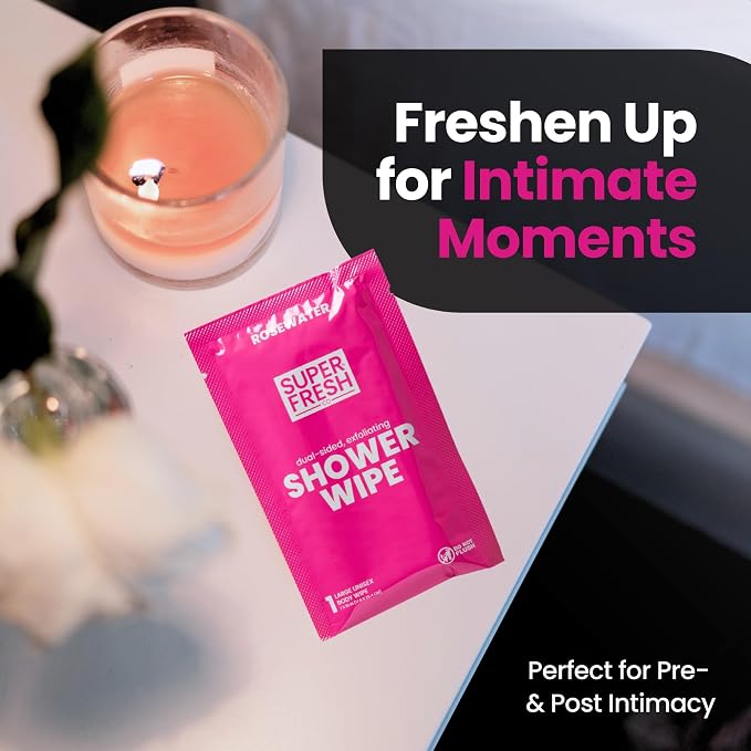 Super Fresh Shower Wipes Large Rosewater Body Wipes for No Rinse Bathing Personal Hygiene Gym Travel or Camping Enriched with Aloe and Vitamin E 50 Individually Wrapped Disposable Sheets