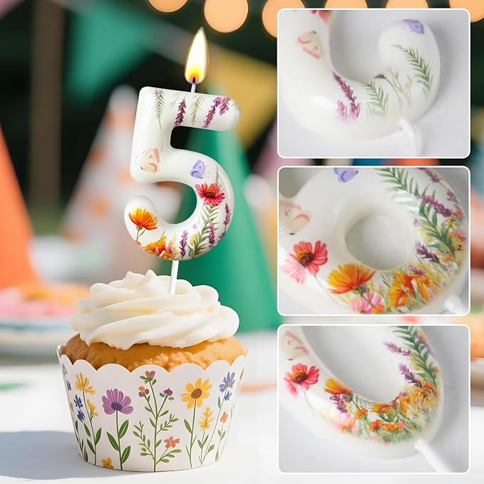 Number 5 Birthday Candle for Cake – Floral Botanical Design with Butterfly Detail – Elegant Cake Topper for Birthday, Garden Party Decoration